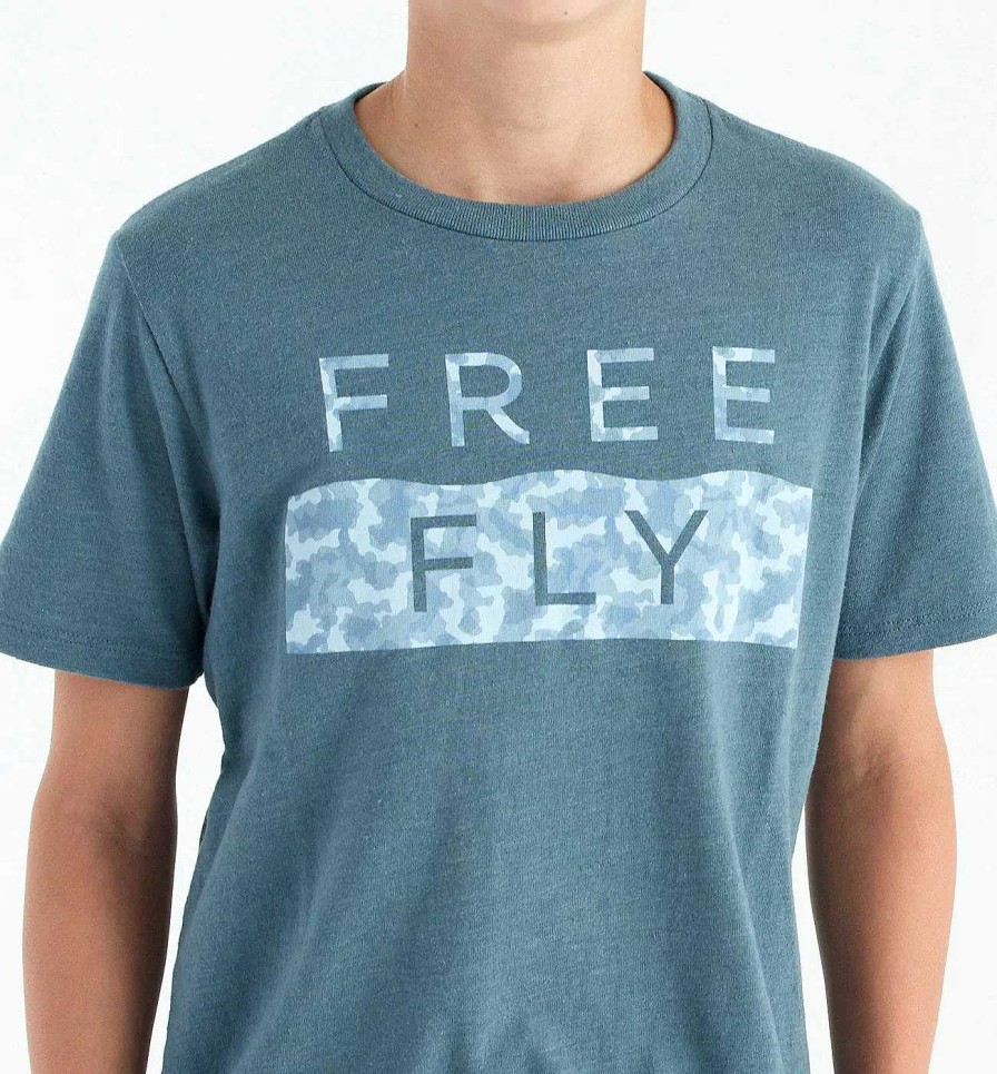 Kinder Free Fly Apparel Oberteile | Wave Camo T-Shirt Fur Jugendliche Heideschieferblau