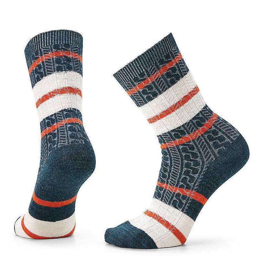 Damen Smartwool Socken | Gestreifte Crew-Socken Mit Zopfmuster Fur Jeden Tag Fur Damen Dammerungsblau