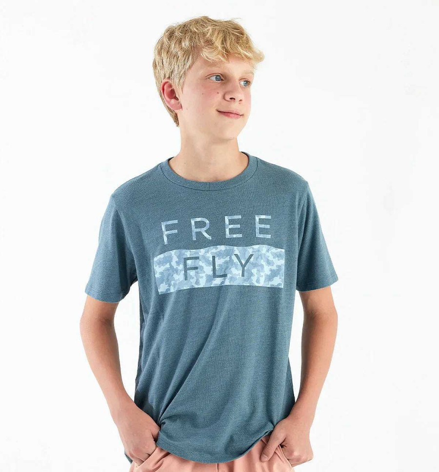 Kinder Free Fly Apparel Oberteile | Wave Camo T-Shirt Fur Jugendliche Heideschieferblau